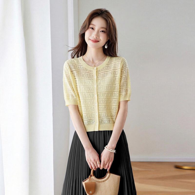Srcr Women's Mulberry Silk Blend Thin Hollow Knit Short-Sleeve Cardigan