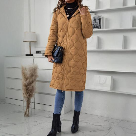 Lange gesteppte Pufferjacke für Damen, lässige, leichte, mit Reißverschluss, mit Kapuze, Winter, knielang, gefütterte Oberbekleidung