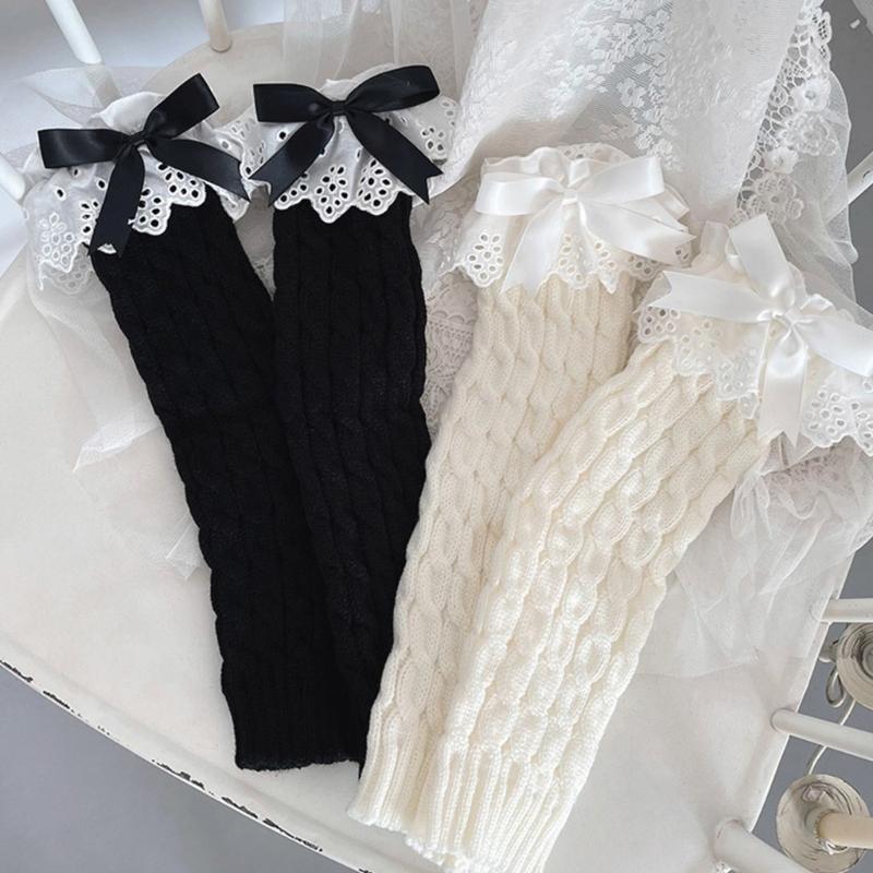 Winter Autumn Twist Cable Knitted Leg Warmers Cute Bowknot Ruffled Lace Foot Covers Middle Tube Calf Socks for Women