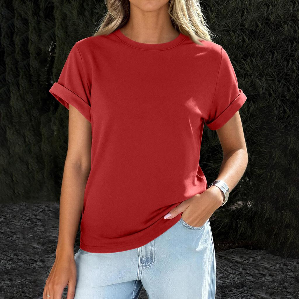 Womens  Casual Rolled Short Sleeve Basic Tees Fashion Tops