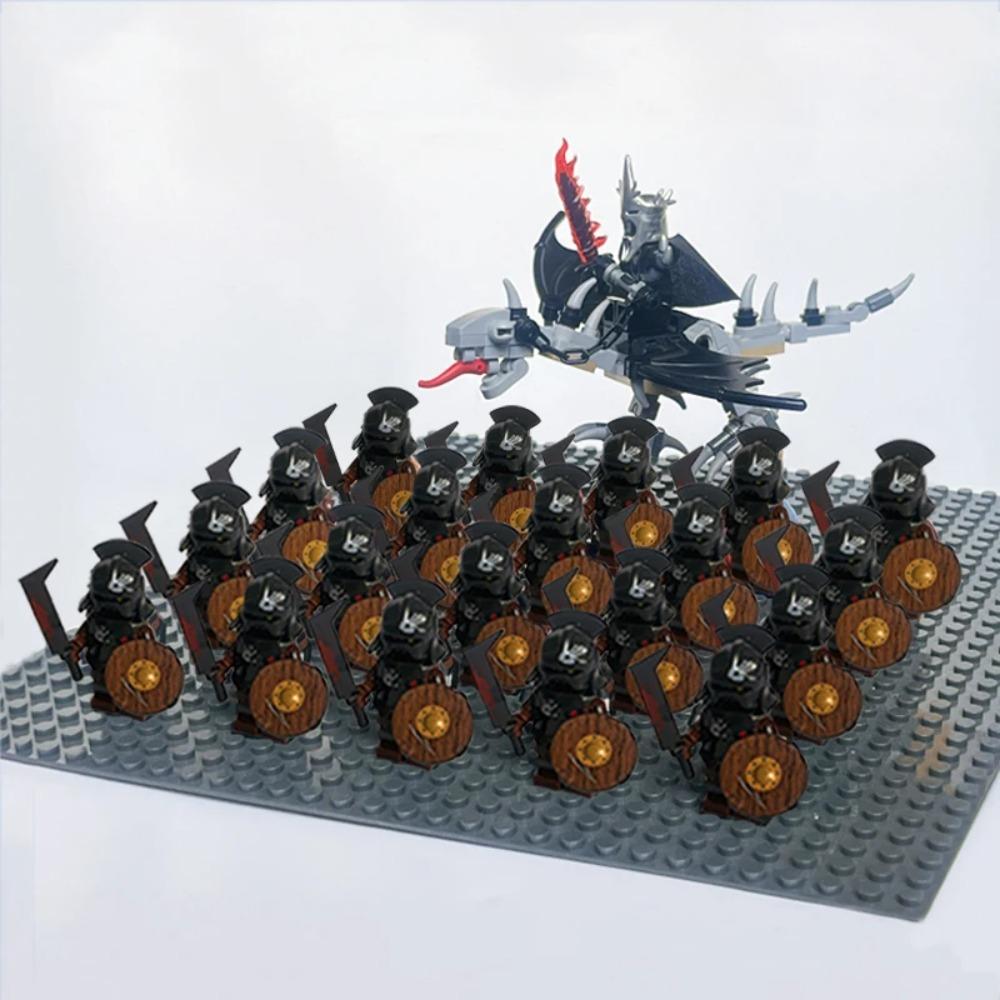 New 21Pcs Solider Uruk Hai Army Figrues King Angmar With Fell Beasts Shield Sword Bow Spear Weapons Kid Toys