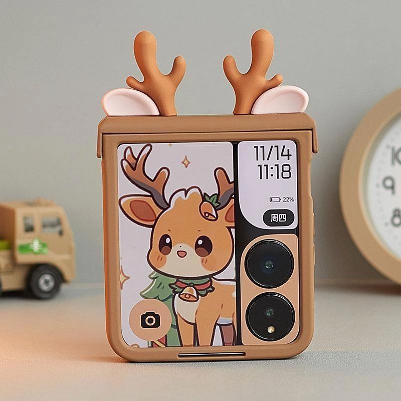 Flip Cute Case For Samsung Galaxy Z Flip 6 5/Xiaomi Mix Flip/Oppo Find N3 N2 Flip/Motorola Razr50 Case 3d Lantler Elk Funda Brown Cover