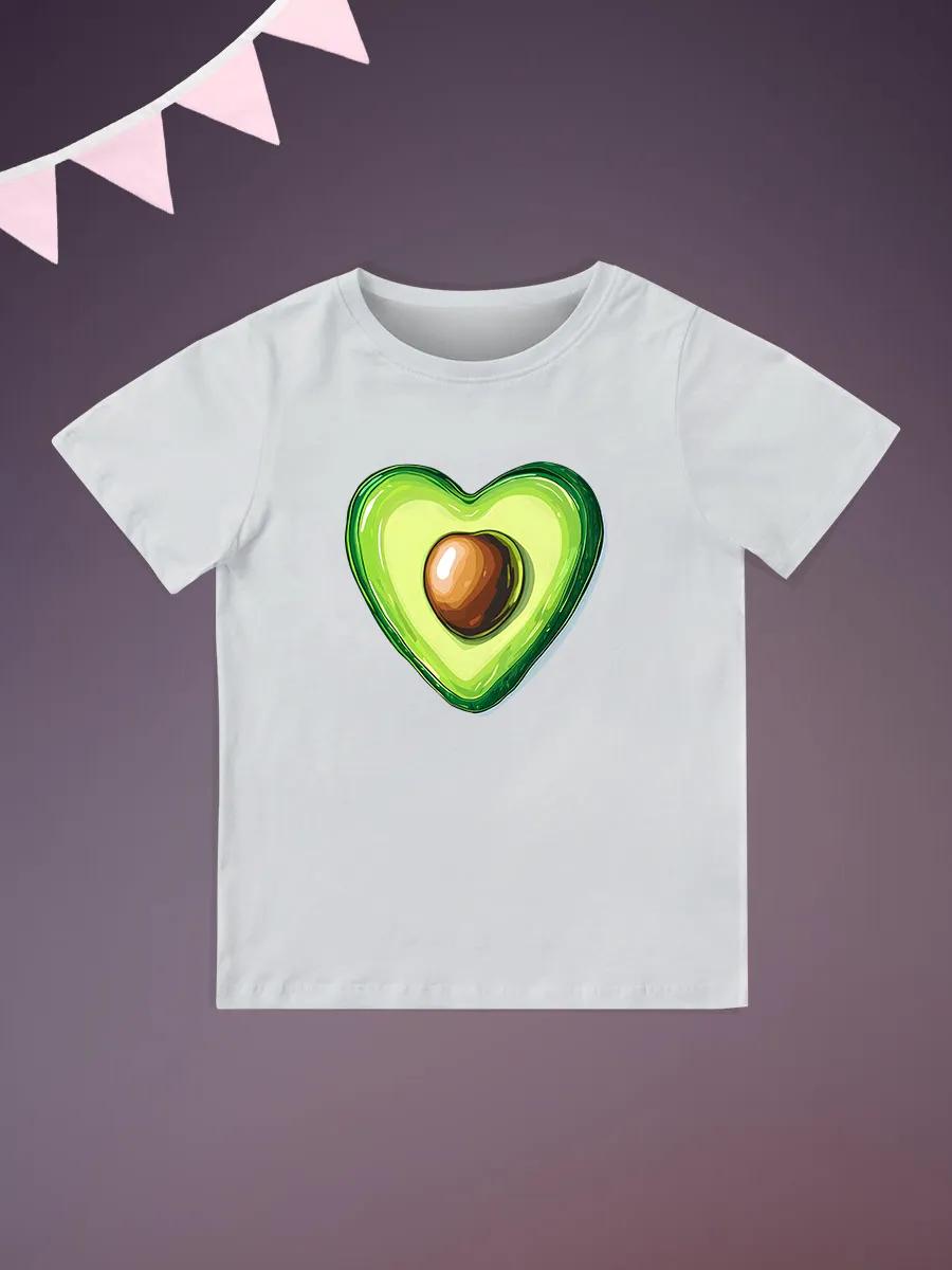 Round Neck Printed Pattern Pullover Short Sleeve Kids Tops Avocado Heart 100