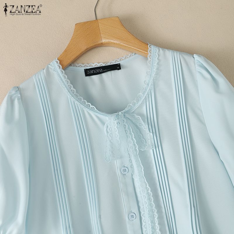 ZANZEA Women Short Puff Sleeve V Neck Lace Trim Button Down Blouse