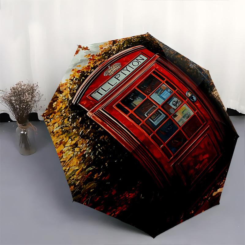 Telephone booth, Autumn foliage Themed Automatic Opening and Closing Umbrella, Brightly Colored 8 rib Portable Umbrella, Suitable for Men an