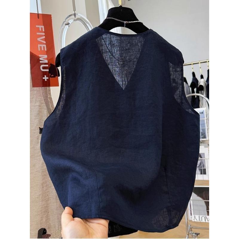 Women Cartoon Character And Animal Embroidered V Neck Button Front Linen Blend Sleeveless Vest