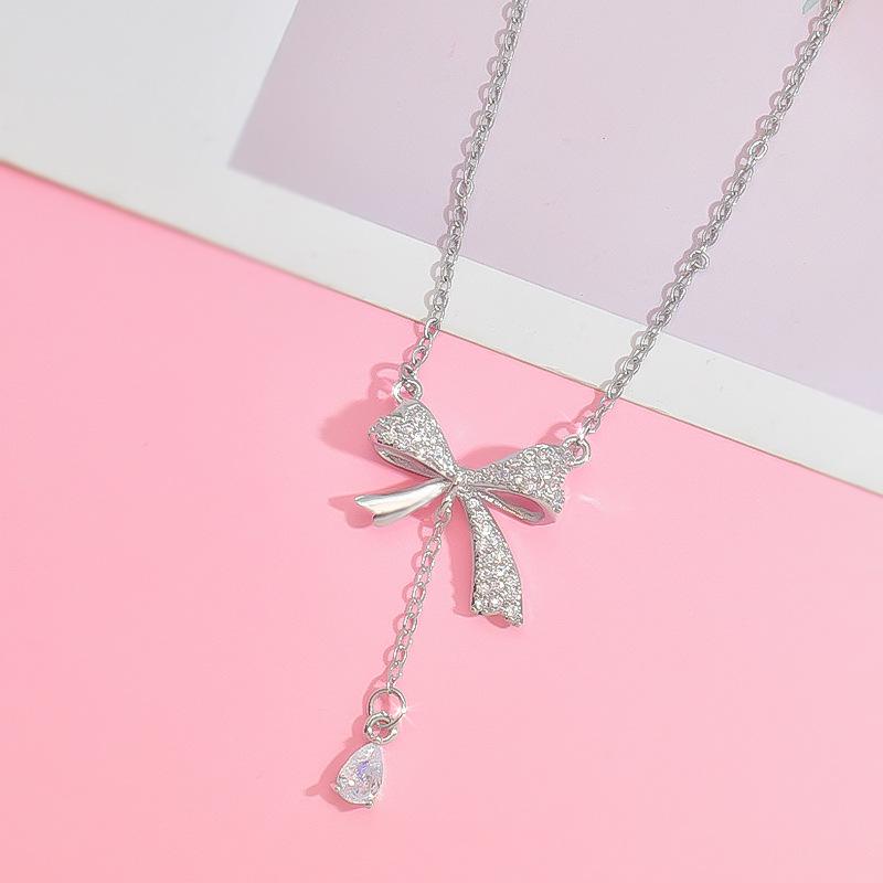 Mylove Women's Silver Stainless Steel Tassel Necklace with Butterfly Knot and Zircon Trendy Link Chain for Gift