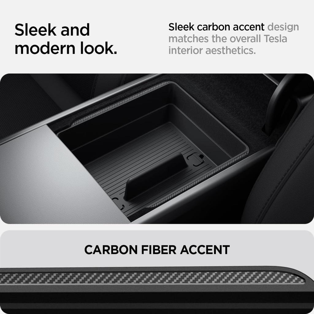 Spigen Armrest Console Organizer for Tesla Model Y Juniper and Tesla Model 3 Highland Carbon TO224H ACP07409 (2025) (2025/2024) Edition, (Black)
