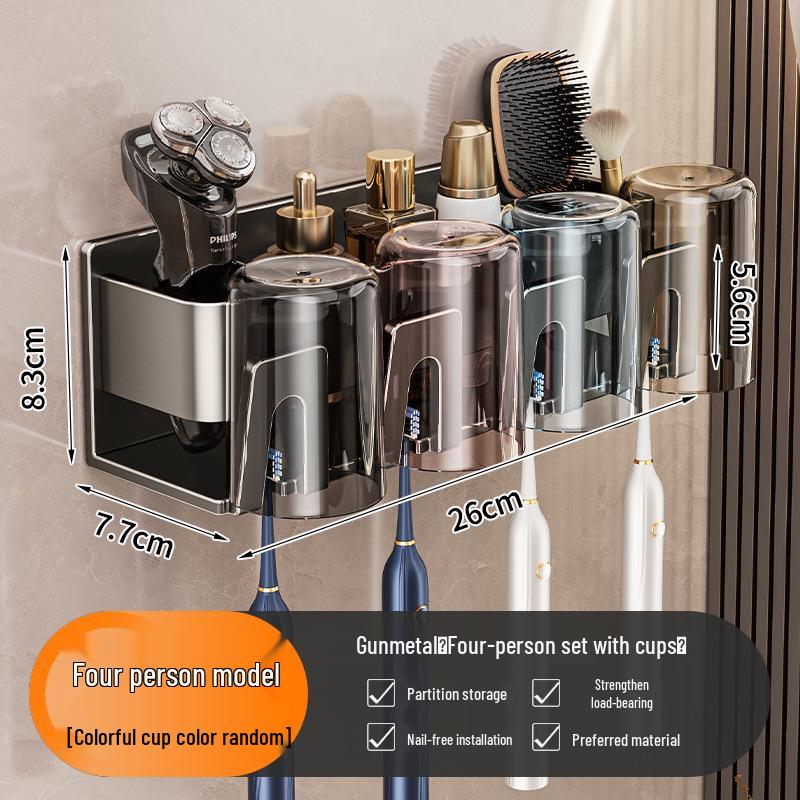 No-Drill Aluminum Wall-Mounted Toothbrush and Toothpaste Holder with Mouthwash Cup