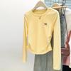 Real Shot Milk Yellow Round Neck Front Shoulder Long-sleeved T-shirt Women's Season Slim-fit Embroidered Bottoming Shirt Top