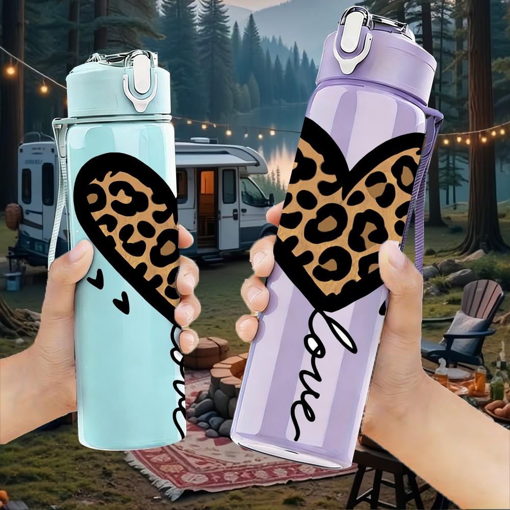 1PC Leopard Heart Balloon Art Print 750ml Color Plastic Sports Water Bottle Leakproof Flip Straw Lid Suitable for Sports Office Home Use