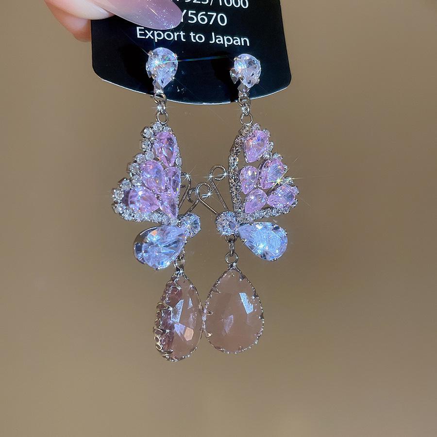 Серьги-подвески с цирконами в корейском стиле  Серебряная Игла  с бабочками: Элегантные, Высококачественные Гвоздики для Женщин.