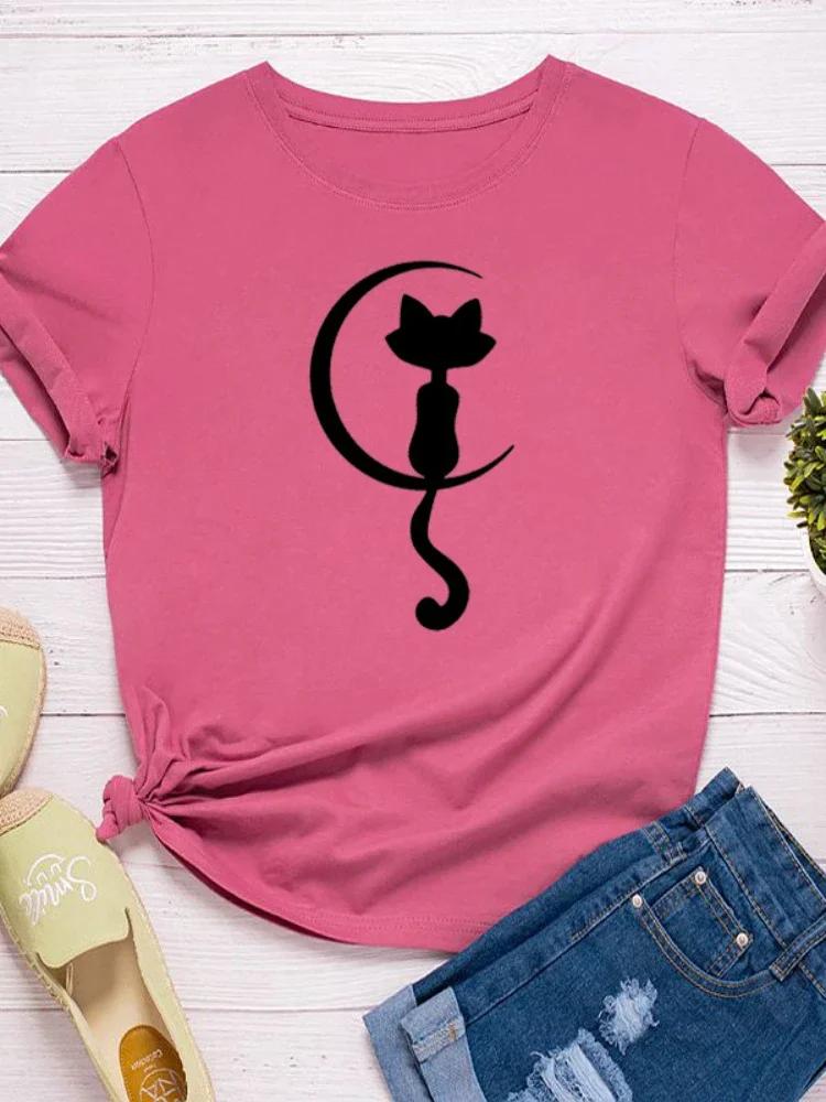 Cat Sit On Moon Print Women T Shirt Short Sleeve O Neck Loose Women Tshirt Ladies Tee Shirt Tops Clothes Camisetas Mujer