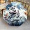 1 PC Automatic Folding Umbrella - White Tiger with Falling Leaves Pattern, Portable & Foldable Design with 8 Ribs, Christmas Birthday Gifts