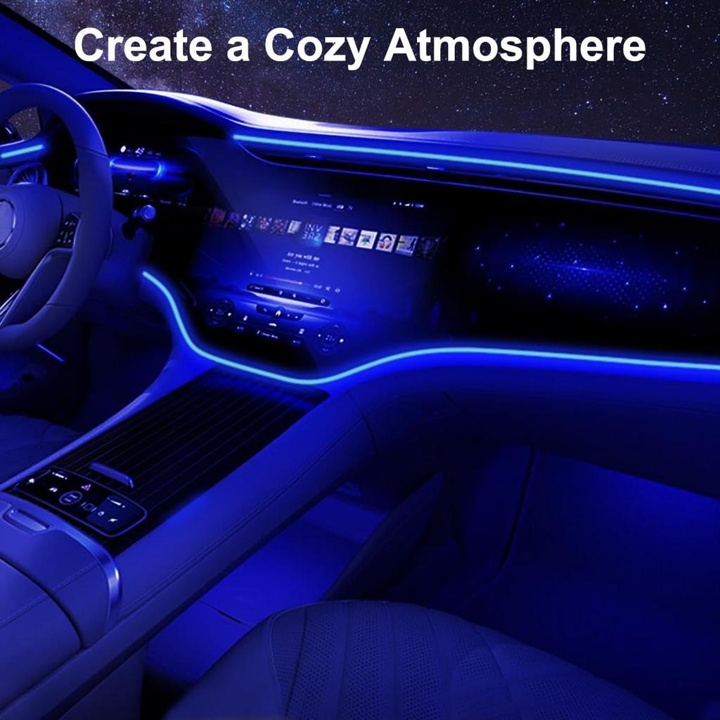 Cold Light EL Wire Interior Car LED Strip Lights, 197 Inch Neon Glowing El Wire Lights Ambient Lighting Kits for Car Decorations
