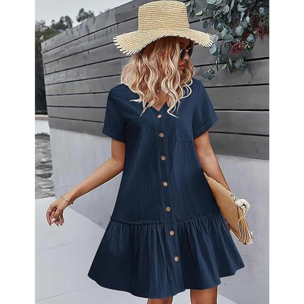 Summer Women's Short Sleeve Dress, Single Breasted Loose A-line Dress with Pockets Ruffle Hem Casual Dress