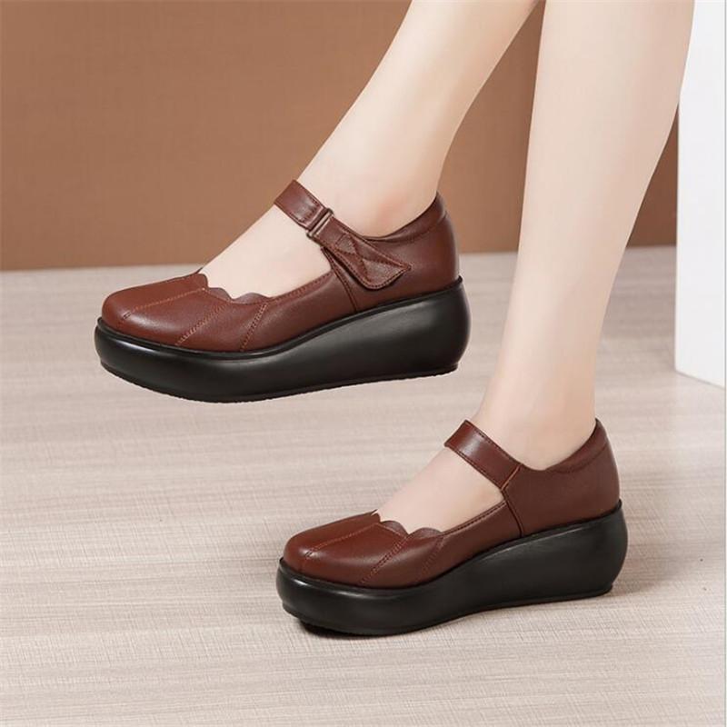 Spring Fashion Round Toe Wedge Pumps Women Shoes Thick Bottom Leather Shoes Women Platform Pumps Ankle Strap Black High Heels