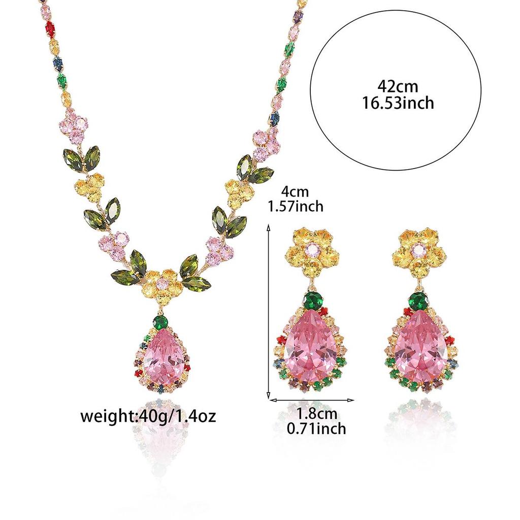 European-American Style Zircon Emerald Necklace & Plum Blossom Earrings