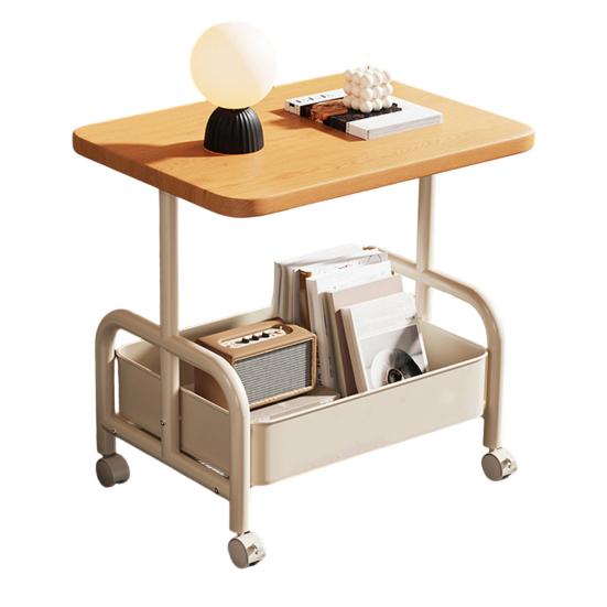 Rolling Double Layer Side Table with Storage Shelf Living Room Bedroom Sofa Couch Bedside Coffee Tea Table Desk Cart with Lockable Wheels