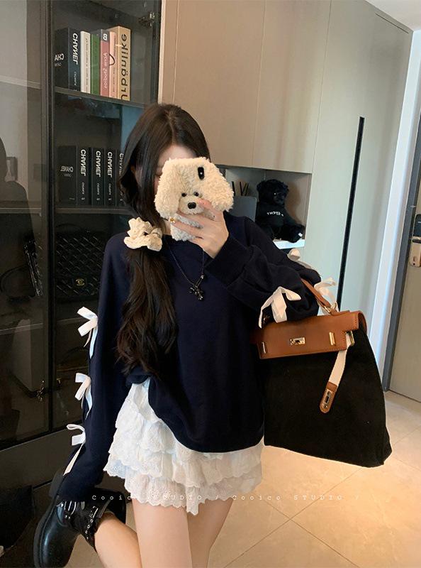 

Plus Size Women s Navy Blue Round Neck Sweatshirt, Korean Style Loose Fit Bow Knot Pullover. 4XL (recommended 180-200 jin) темно-синього кольору