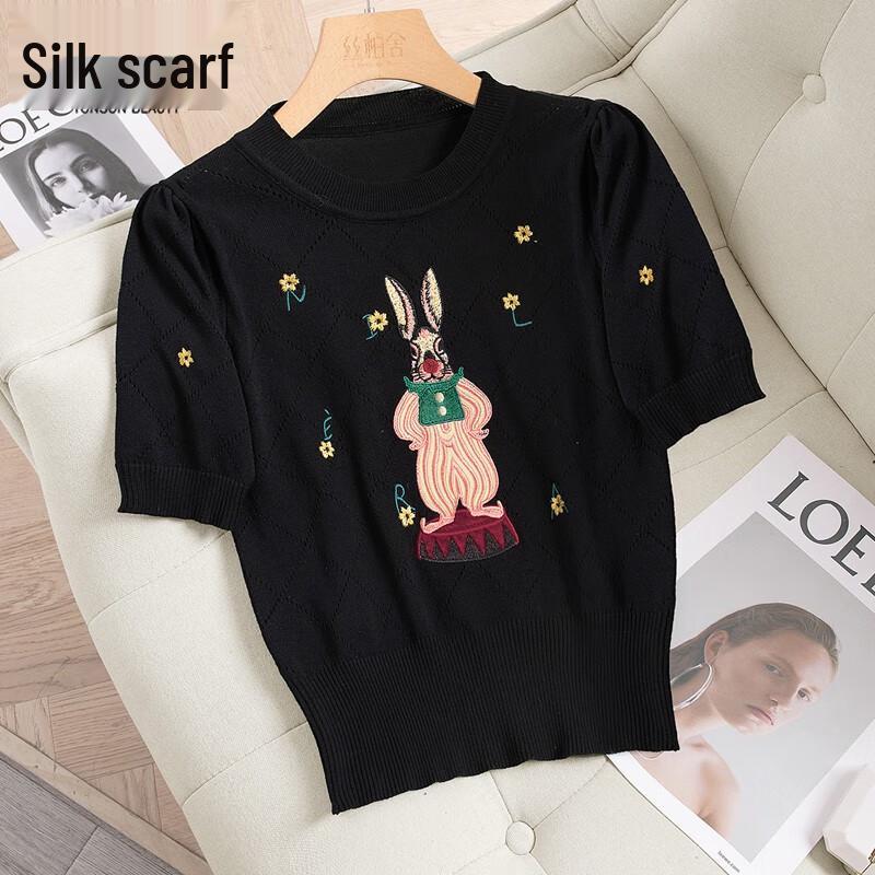 Women s Cartoon Pattern Slim Knit Short Sleeve Top L