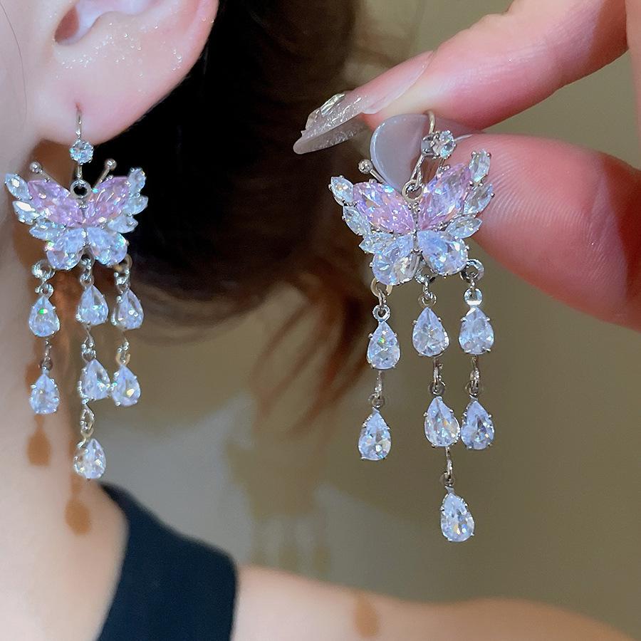 Korean Style Zircon Butterfly Water Drop Earrings - Light Luxury and Fashionable Stud Ear Jewelry