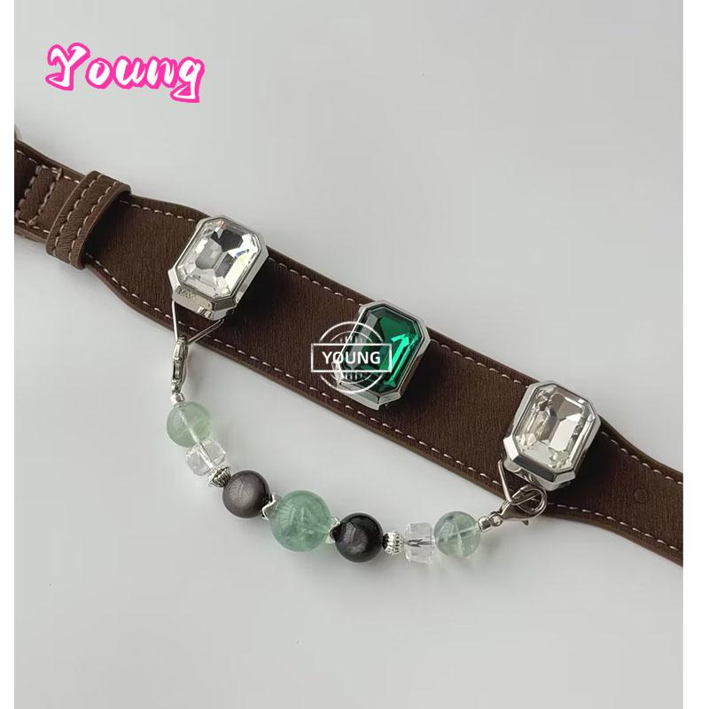 Luxury Leather Natural Crystal Charm Dog Collar Green Fluorite Double Cat's Eye Silver Obsidian Clear Quartz Beaded Pet Necklace