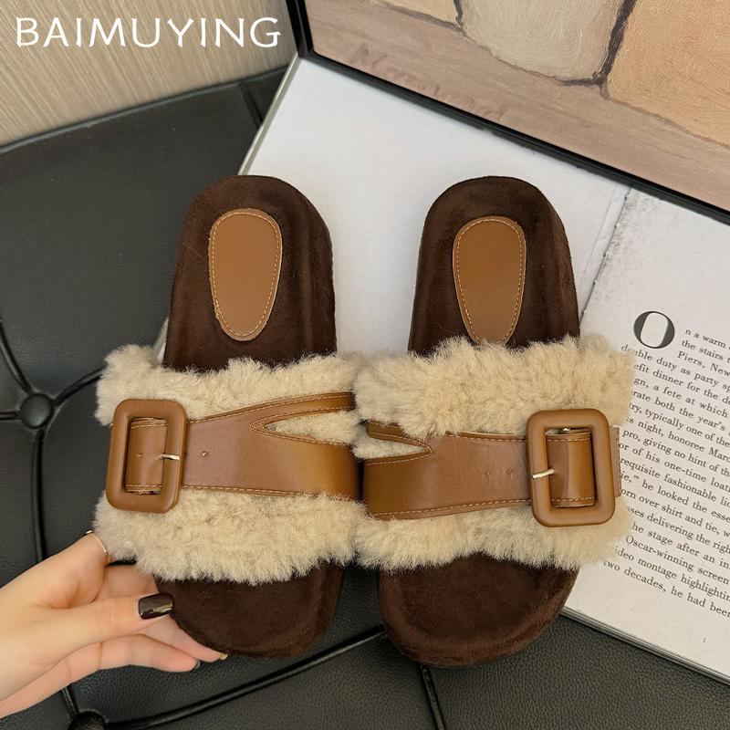 Fur Flats Women Slippers Fashion Platform Short Plush Buckle Winter Shoes 2025 Trend Designer Walking Home Chaussures Ladies