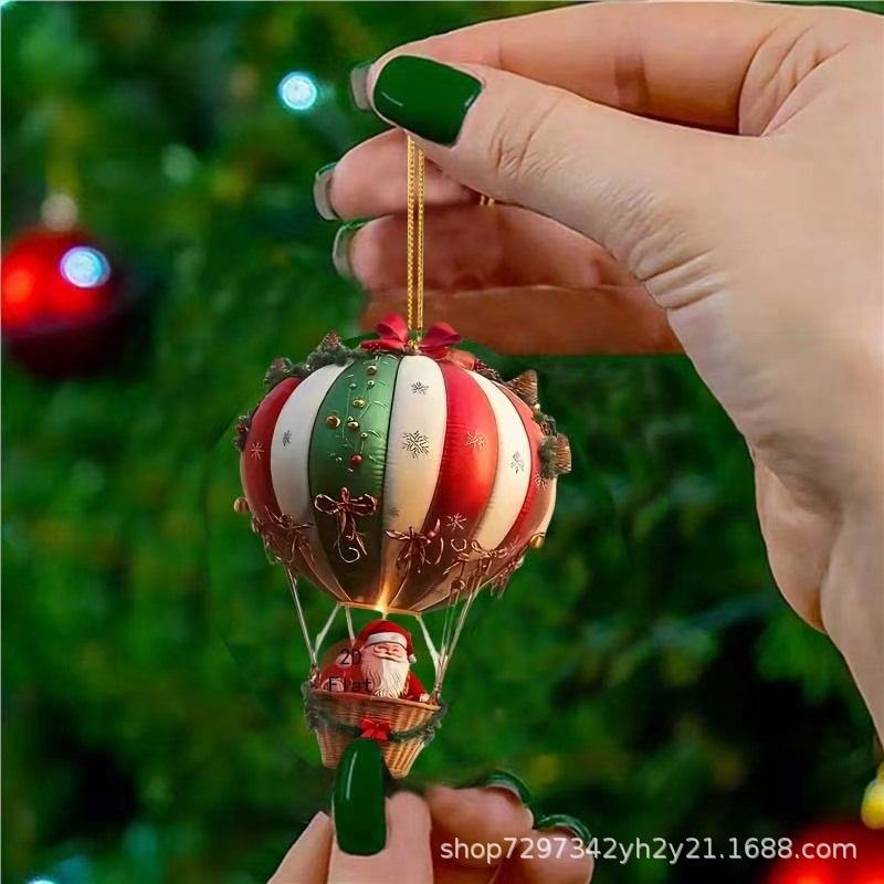 Christmas Hot Air Balloon Santa Claus 2D Acrylic Flat Ornaments New Bells Small Gifts Christmas Tree Pendant