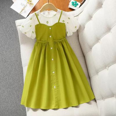 "Vestido de Verano de Dos Piezas de Manga Corta Abullonada Estilo Coreano para Niñas"