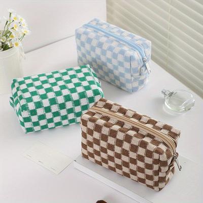 1pc Korean Version Ins Checkerboard Makeup Bag, Large Capacity Knitted Storage Bag, Portable Travel Bag, Makeup Bag, Makeup Bag
