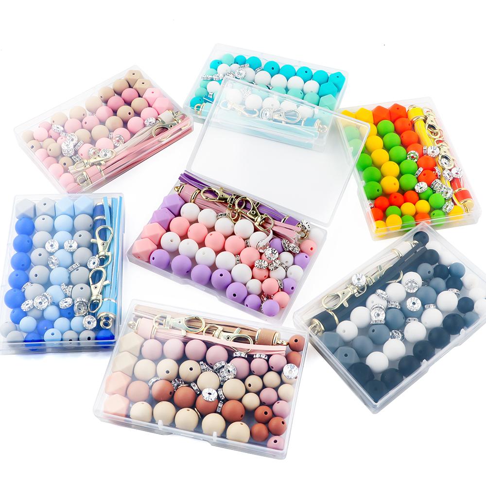 New 60Pcs/Box Leather Keychain Tassels Silicone Bead Round Hexagon Lentil For Jewelry Making DIY Keychain Bracelet Accessories
