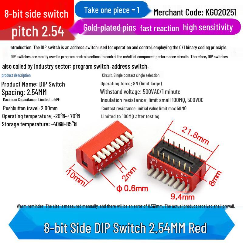 SMD DIP Switch, Flat Toggle, 2P 4-10 Positions, 2.54mm, Red/Blue/Black