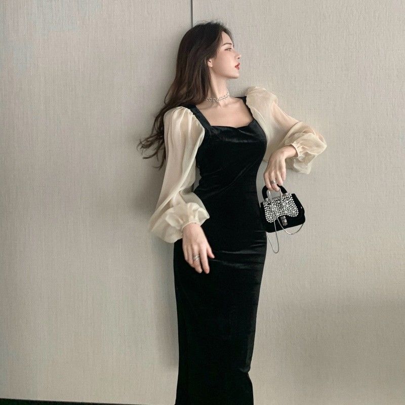 Neues kleines schwarzes Gruppen-Patchwork-Samtkleid mit V-Ausschnitt für Frauen im Hepburn-Stil und hoch tailliertem Rock mit Blasenärmeln