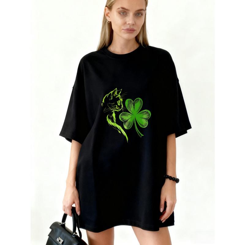 

Oversized T Shirt Black Cat And Clover Print Casual Streetwear For Women S чорний