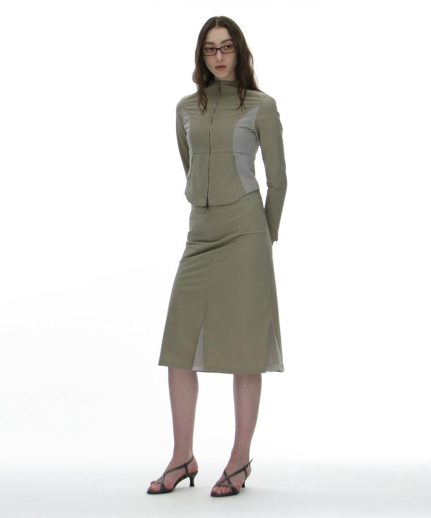 Partimento Woman Mesh Layer Gored Midi Skirt_Light Khaki