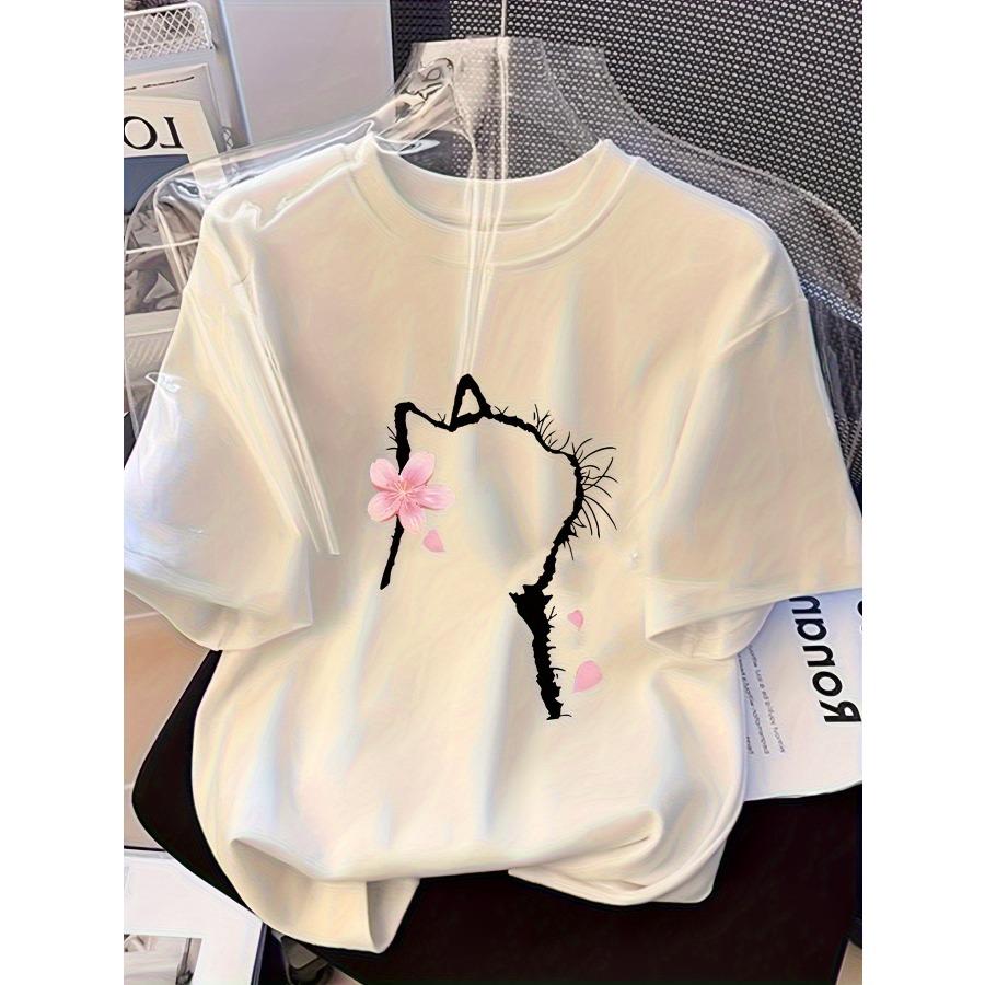 Casual T Shirt Graphic Y2k Tops Clothes Femme Women's Round Neck Short Sleeve T-Shirt with Cat and Flower Print Fashionable