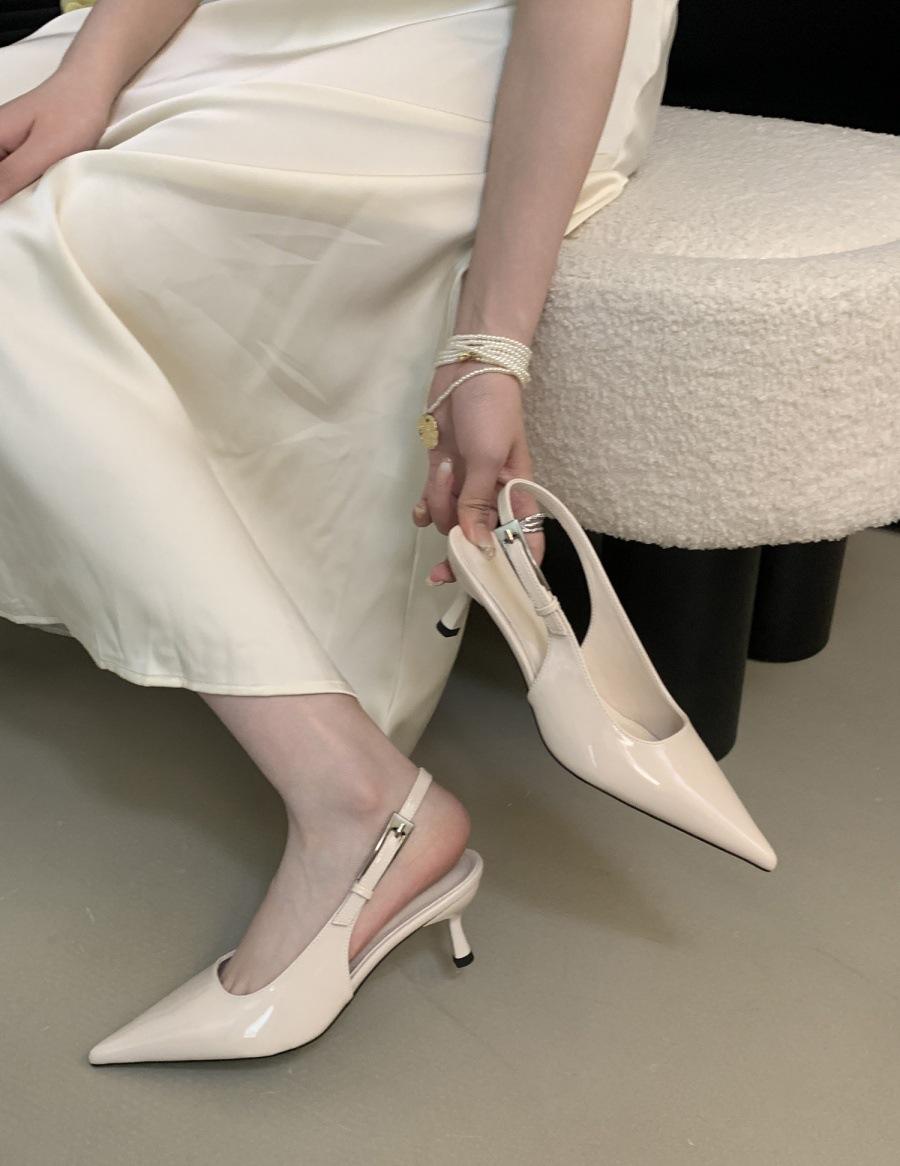 

French patent leather bag head sandals women s 2025 spring and summer new versatile thin heel pointed one-word buckle belt temperament high heels 40