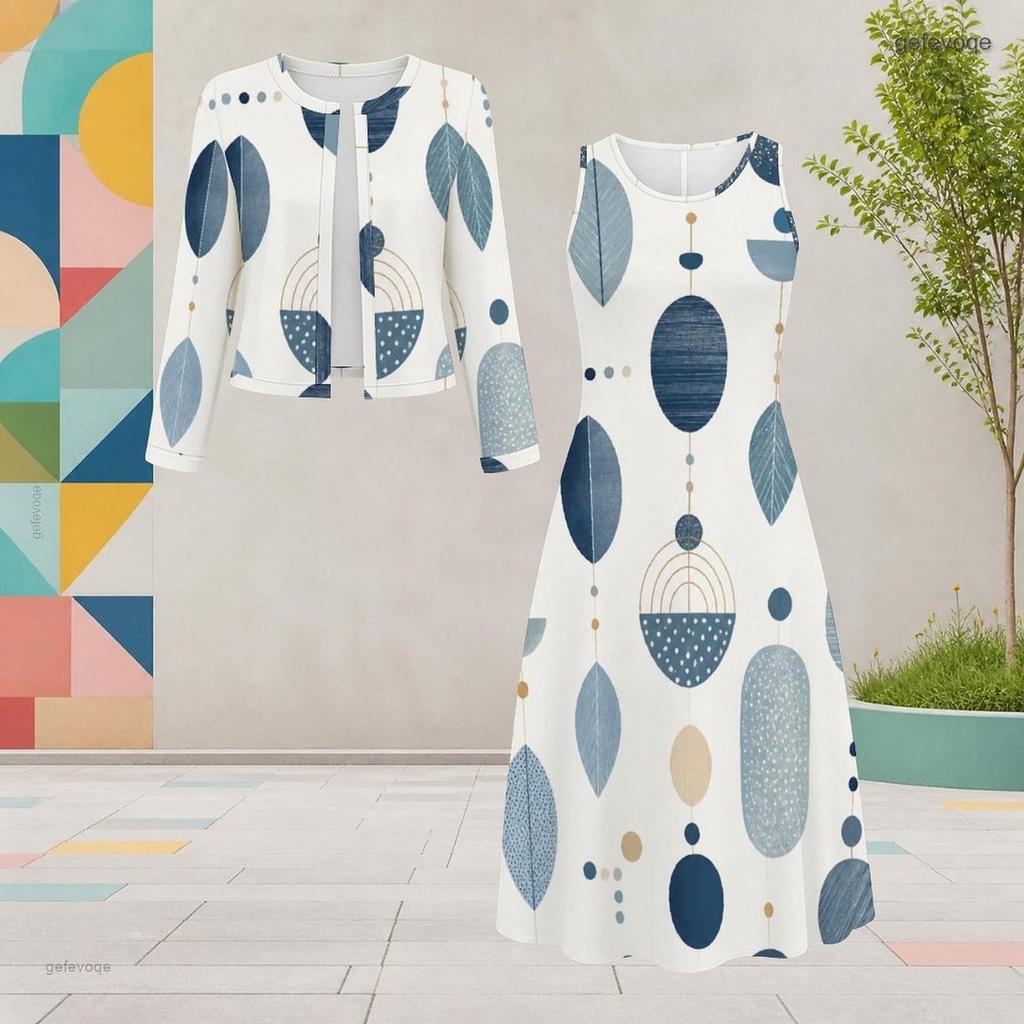 Women Plus Size Printed Round Neck Long Sleeve Cropped Cardigan Sleeveless Dress Two Piece Set
