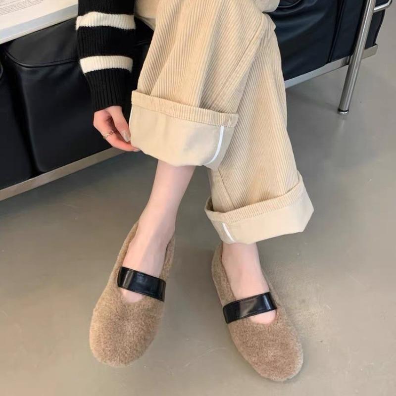 New Women Ballet Laofer Flat Shoes Shallow Slip On Ladies Fur Mary Jane Shoes Soft Outdoor Granny Shoes Zapatos Mujer