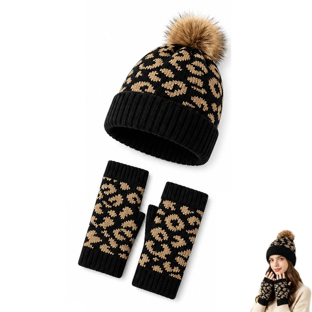2Pcs/Set Warm Knit Beanie Leopard Knitted Winter Hat New Leopard Print Beanie Everyday Wear