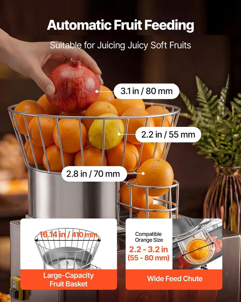 Commercial Orange Juicer Machine, 120W Electric Automatic Orange Squeezer, Lemon Citrus Pomegranates Extractor for 20 per Minute, Stainless Steel,