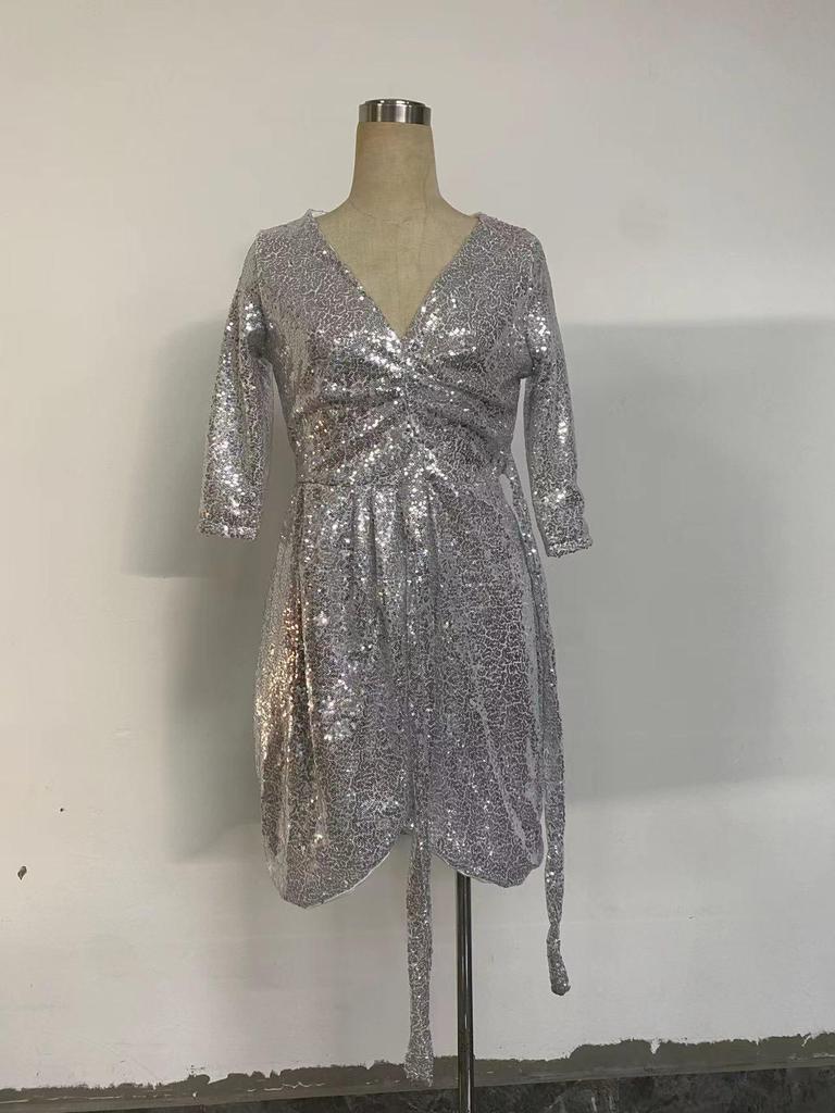 2025 Summer Sexy Women's Sequined Lace-up V-Neck Dress with Three-Quarter Sleeves
