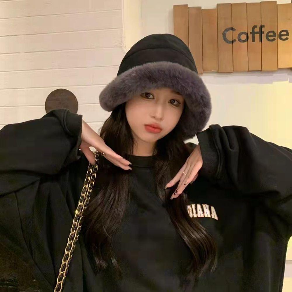 For Girl Winter Warm Wide Brim Large Korean Style Beanies Plush Bucket  Hat Women Hat Woolen
