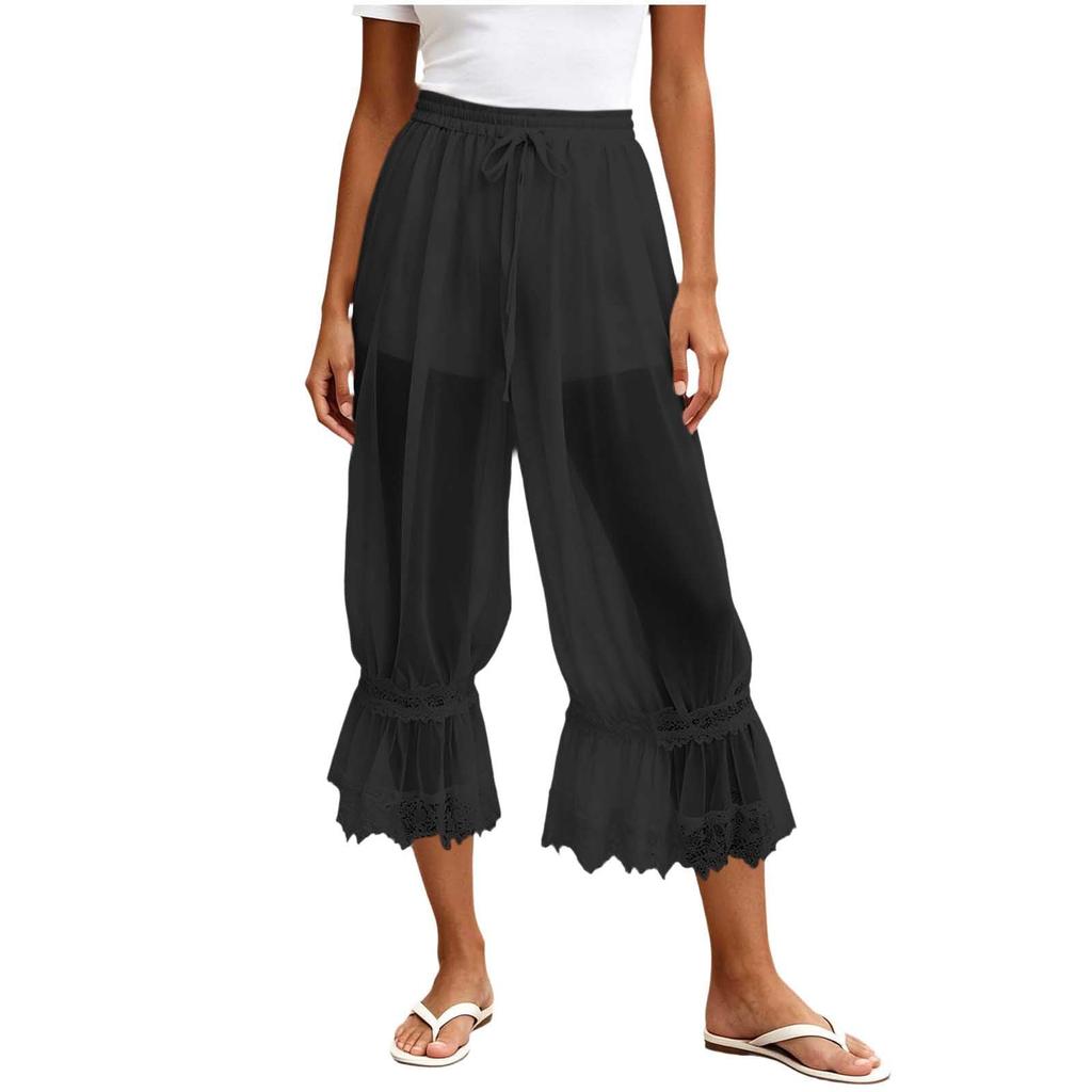 Women's Casual Pants with Lace and Sheer Mesh Trim, Lined, for Everyday Wear