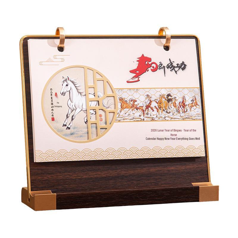 2026 Chinese Style Wooden Desk Calendar - Office Desktop Ornament & Gift