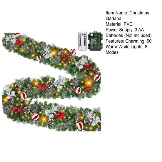 9 FT Christmas Garland with Lights 50 LED Lights 8 Modes Lighted Artificial Pine Garland with Pine Cones Red Berries for Mantel Fireplace Home Decor