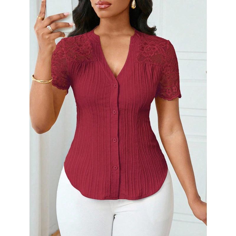 YYFS Damenmode, lässig, Sommer, Frühling, einfarbig, bedruckt, kurzärmelig, V-Ausschnitt, Blusen und Hemden