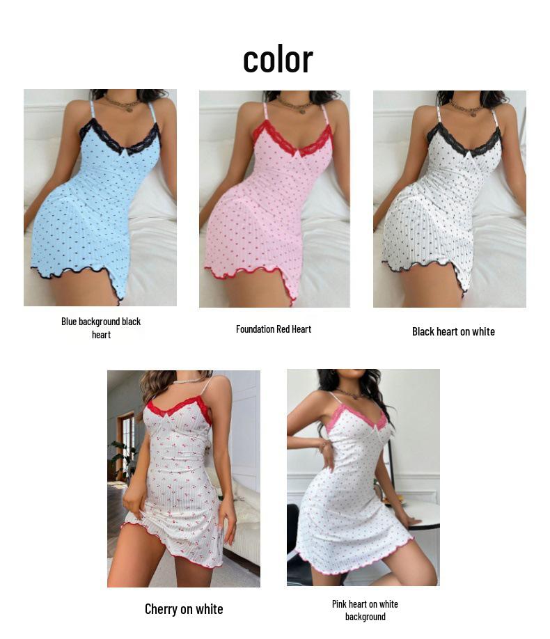 2025 Heart Print Slim Fit Camisole Nightdress with Lace - Women's Pajamas, Pure Desire Homewear