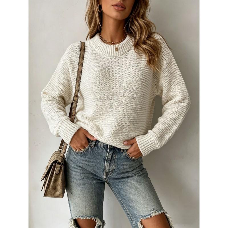 Womens Loose Knit Sweater Pullover Round Neck Solid Color Long Sleeve Casual Top Winter